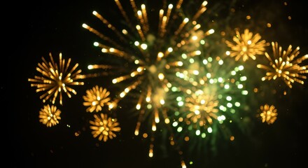 Fireworks display, night sky, golden bursts, green sparkles, festive celebration, colorful explosions, dark background, new year's eve, dazzling light show, pyrotechnics, aerial illumination, starry p