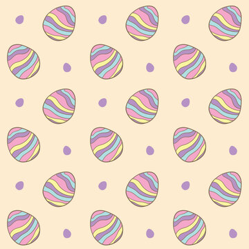 Cute seamless pattern featuring pastel-colored Easter eggs with wavy stripes on a beige background. Perfect for festive decorations and designs-Vector illustration