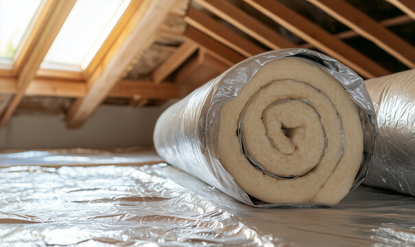 Rolls of fiberglass in the attic for thermal insulation, generated ai