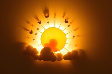 Whimsical glowing sun with hearts, birds, stars, and clouds. Conceptual paper art illustration. Nature inspired art