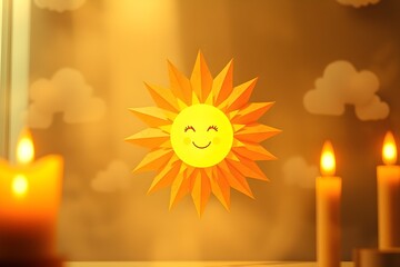 Vibrant paper-crafted smiling sun with a happy face surrounded by clouds and glowing candles on warm orange background. Perfect for creative decor, sunny themes, artistic projects