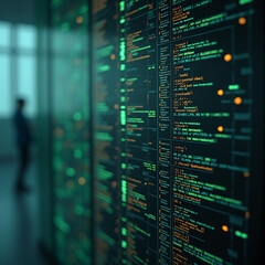 Abstract Digital Code and Technology Concept with Blurred Figure in Background