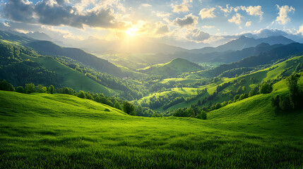 Sunset over green mountain valley