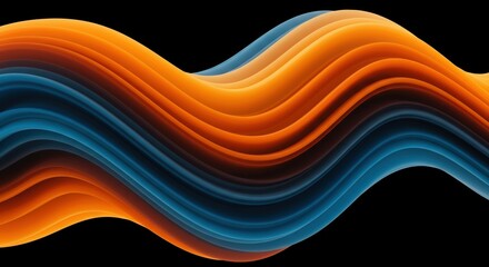 Abstract wavy lines, orange and blue contrast, fluid motion, undulating curves, black background, smooth gradients, dynamic composition, minimalist design, vibrant colors, futuristic aesthetic, sleek 