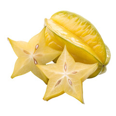 Fototapeta premium A fresh starfruit with smooth yellow skin and star-shaped slices, placed on an isolated white background, in a minimalist photography style, with sharp focus and subtle highlights to enhance 