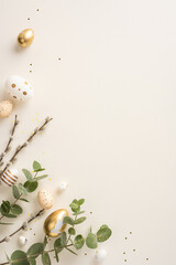Easter vertical eggs in gold, white, and pastel colors placed with green branches on a beige background, evoking a sense of spring and festivity