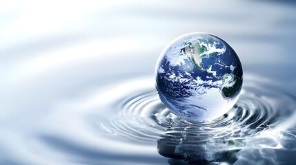 Captivating image of the Earth encapsulated within a glistening water droplet placed delicately on a tranquil rippled surface under the soft natural lighting