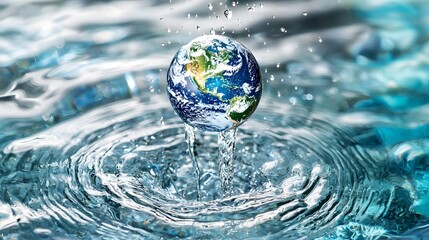 Captivating image showcasing an earth shaped droplet delicately floating above a rippling crystal clear body of water