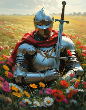 Medieval Knight in Shining Armor Resting in a Colourful Flower Field with Sword, Tranquil Fantasy Scene, Resting Warrior, calm before the storm, victory, final fight, battle preparation