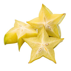 Fototapeta premium A fresh starfruit with smooth yellow skin and star-shaped slices, placed on an isolated white background, in a minimalist photography style, with sharp focus and subtle highlights to enhance 