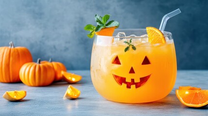 A festive Halloween punch in a carved pumpkin bowl, garnished with orange and mint, perfect for spooky celebrations.