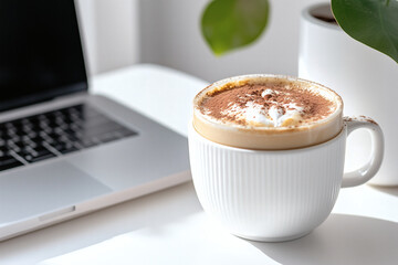 Coffee break by the laptop in bright setting.