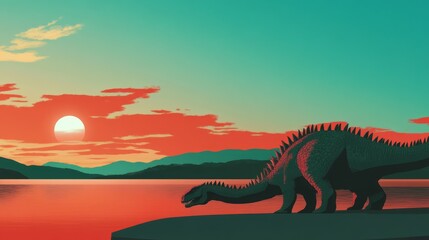 Dinosaur silhouette by the lake during a vibrant sunset over mountains