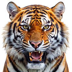 Highly detailed and realistic close-up of a tiger's face, with its mouth open in a roar