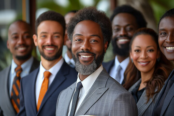 A group of men and women are smiling for a photo