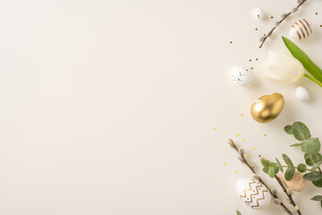 Decorative Easter scene featuring golden eggs, green leaves, white tulip, and festive organic elements highlighted in a minimalist layout on a pale background