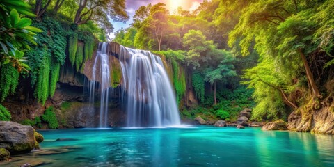 Obraz premium Waterfall in Tropical Island, serene atmosphere, vibrant colors, serene atmosphere