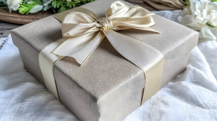 Elegant Gift Box Wrapped in Shimmering Gold and White Ribbon Surrounded by Blossoms on a Table