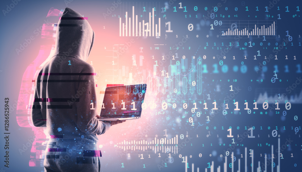 Aufkleber Anonymous hacker in hoodie using laptop with cyber data overlay.