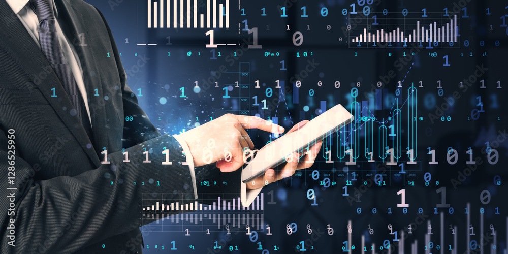 Aufkleber Businessman using digital tablet with abstract data and virtual analytics background.
