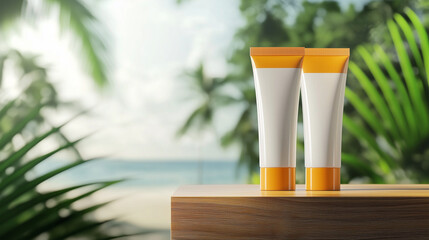 Pair of sunscreen tubes on a wooden podium with tropical backdrop
