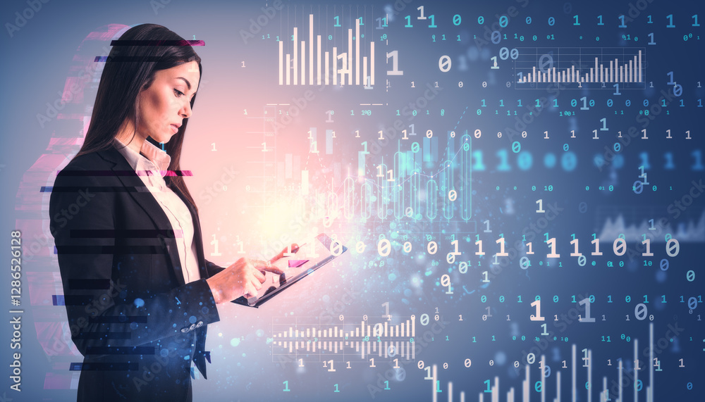 Poster Businesswoman using a digital tablet with virtual data and analytics on a futuristic background.