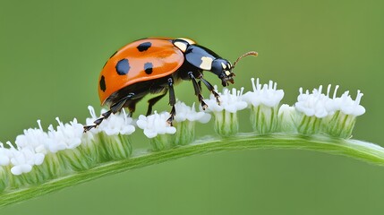 Vibrant Ladybug Crawling on Delicate White Flower Stalk Against a Soft Green Background
