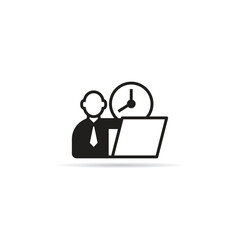 office worker working on laptop and clock icon with shadow on white background