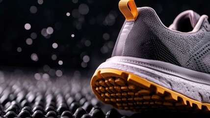 sports equipment gear functionality Close-up of a running shoe with water droplets, highlighting its texture and design.