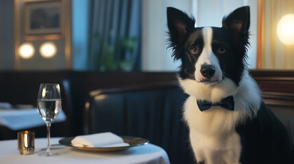 Dogs Dining Table Restaurant Formal Attire Tuxedo Bowtie Meal Dinner Elegant Pet Canine Animal Domestic Indoors Food Drink Setting Chair Service Plate Glass
