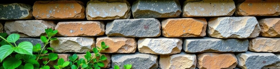 Fototapeta premium Mauereinrichtung aus Klinkerpfaster mit nat?rlichen Steinbl?cken, garten, naturstein, dekorationsmuster