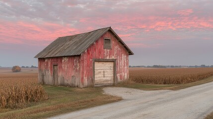 Obraz premium Rustic red barn at sunrise, rural road, harvested cornfield