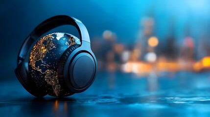Fototapeta premium Holographic representation of the Earth surrounded by glowing digital headphones