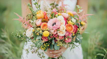 Beautiful bouquet of pink roses and flowers for a romantic wedding celebration with lush greenery and floral arrangements, perfect for a bride's special day