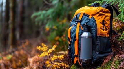 sports equipment gear functionality Backpack with a water bottle rests on a log surrounded by autumn foliage in a forest setting.