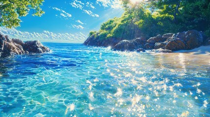 Tranquil Crystal Clear Blue Water Expanse Under Sunlight with Lush Greenery and Sparkling Waves Inviting Serenity and Calmness in Nature