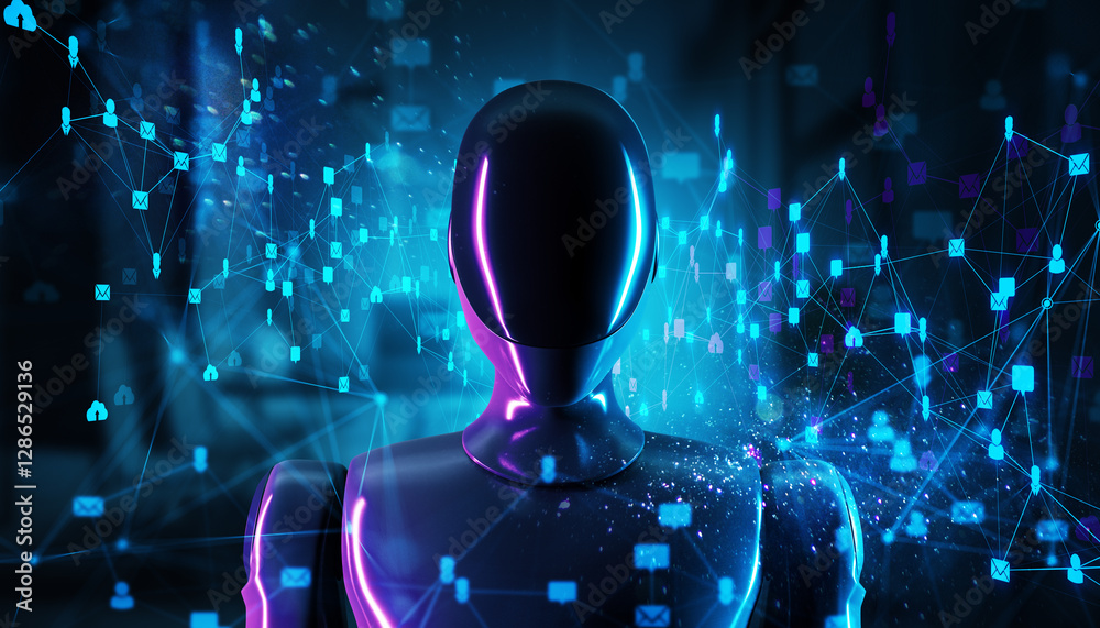 Canvas Prints Futuristic humanoid robot with neon accents and digital social media network connections in a glowing abstract background. 3D Rendering