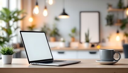 Modern workspace, laptop on wooden desk, small potted plant, coffee cup, natural light