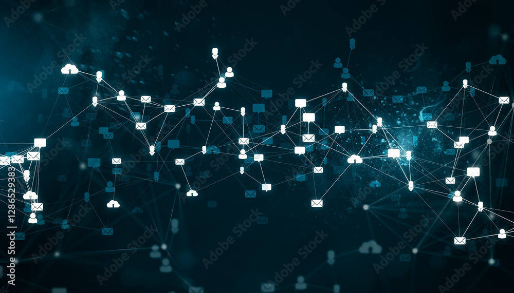 Poster Digital social network with interconnected icons of people, messages, and emails on a dark abstract background. 3D Rendering