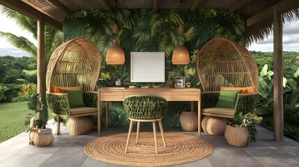 Stylish Workspace Surrounded By Lush Greenery And Natural Elements In A Tropical Environment