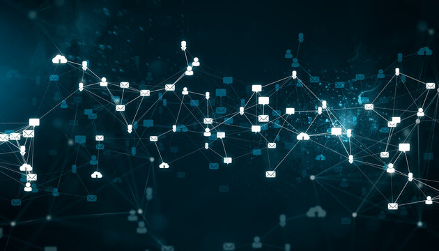 Digital social network with interconnected icons of people, messages, and emails on a dark abstract background. 3D Rendering