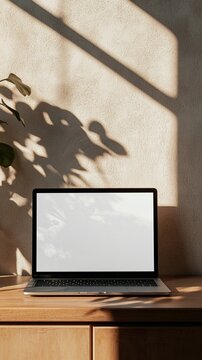 Modern laptop with blank white screen on wooden desk, illuminated by natural sunlight casting plant shadow patterns on wall, creating minimalist workspace aesthetic scene.