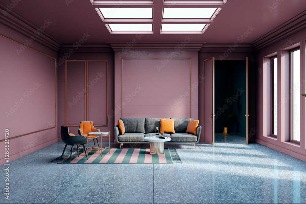 Poster modern waiting area with stylish sofa and chairs in elegant interior design. 3d rendering