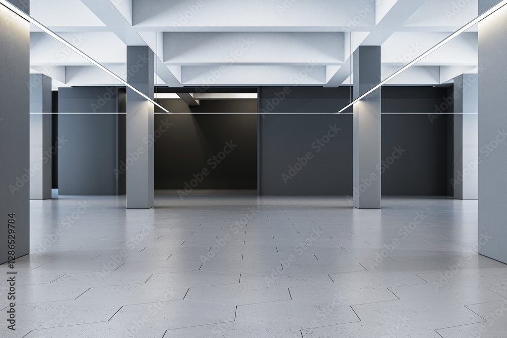 Poster Modern empty exhibition hall with grey pillars and illuminated ceiling. 3D Rendering