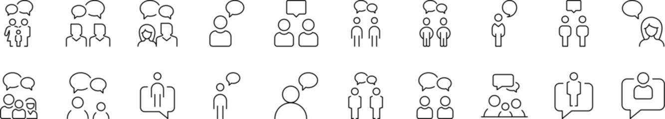 People and Speech Bubble Line Icon Set. Outline Signs for Graphic and Web Design, Apps, Adverts, Various Cards