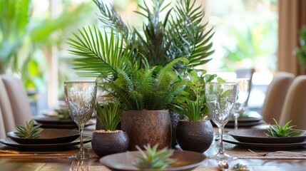 A dining table centerpiece with a variety of indoor plants arranged in decorative pots