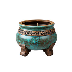 A decorative teal pot with ornate detailing and three sturdy legs, designed to hold a candle.
