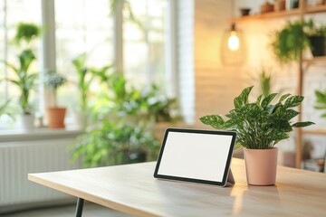 Fototapeta premium Modern Workspace with Tablet and Green Plant in Bright Room