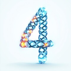 Number 4 made of twisted strands of human DNA with glowing helix structure isolated on a clean white background