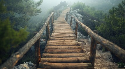 Fototapeta premium Misty Mountain Wooden Path: A Journey Through Serenity